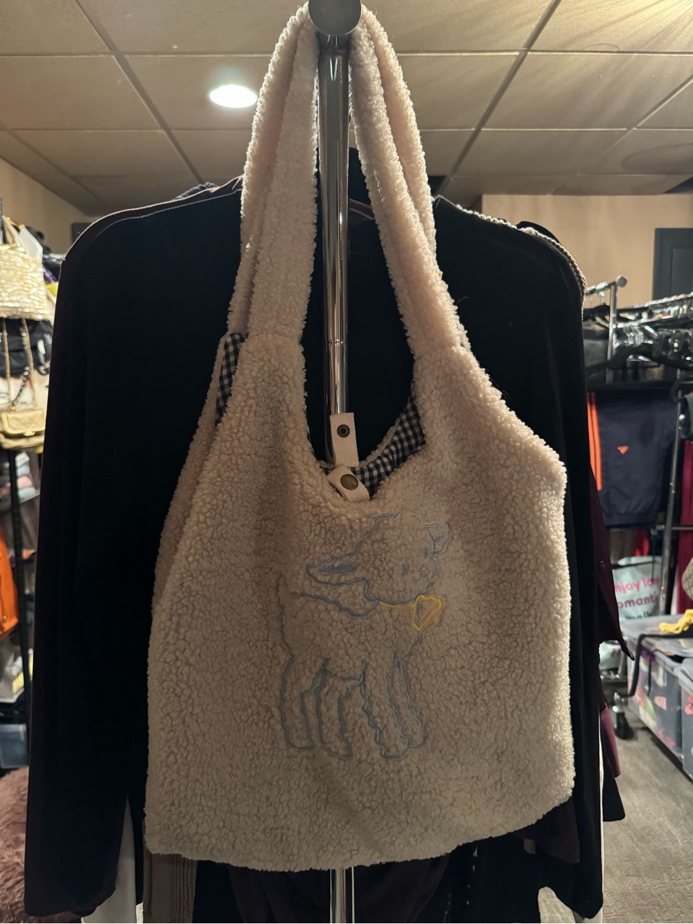 Cream Sherpa Tote Bag with Embroidered Lamb